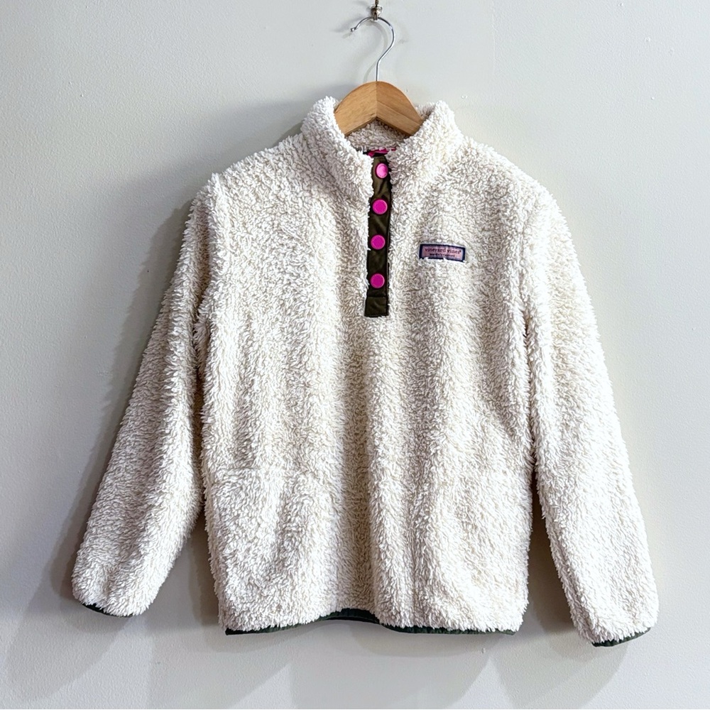 Vineyard Vines Girls Fleece Pullover M 10-12 Cream Sherpa Preppy Cozy Gorpcore
